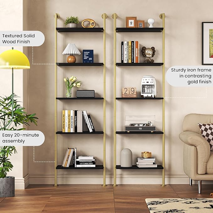Acovy 5-Tier Bookshelf - Solid Wood Narrow Bookcase Set of 2, Wall Mount Ladder Shelf, Storage Rack for Living Room, Bedroom, Bathroom, Black and Gold