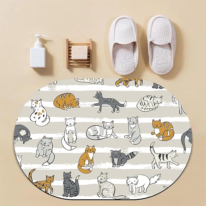 Cute Cartoon Cats Diatomaceous Mud Bath Mat Grey Striped Oval Soft Wrinkle Free Bathroom Floor Rugs Non-Slip Super Absorbent Fast Drying Bath Rug for Bathroom Kitchen Door Mat 23.6x15.7 Inches