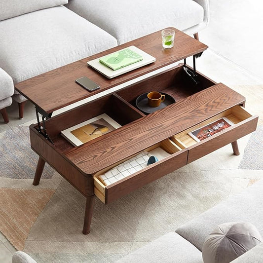 Solid Wood Coffee Table with Drawers, Natural Wooden Center Table for Living Room, Easy-to-Assemble Low Desk, 39.4" W × 20.5" D × 17.72" H for Home Office (39.37" Solid Wood Coffee Table)