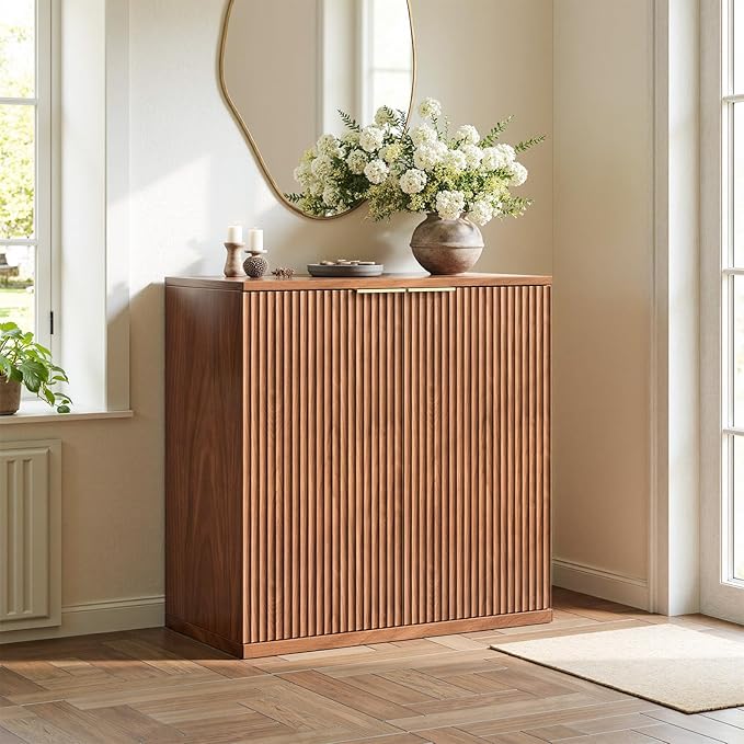 Evermagin 31.5" Walnut Buffet Cabinet with Storage, Small Sideboard Cabinet, Boho Fluted Accent Credenza for Dining Room, Kitchen, and Living Room