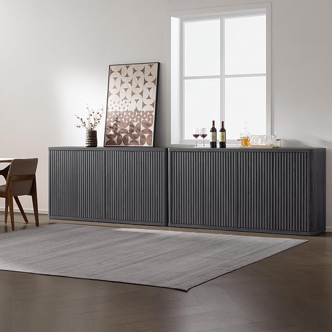 SICOTAS Buffet Cabinet with Storage Accent Sideboard with 8 Doors 132.6" Fluted Credenza Modern Buffet Table Media Console Cabinet Entryway Cabinets for Living Room Kitchen Dining Room Hallway
