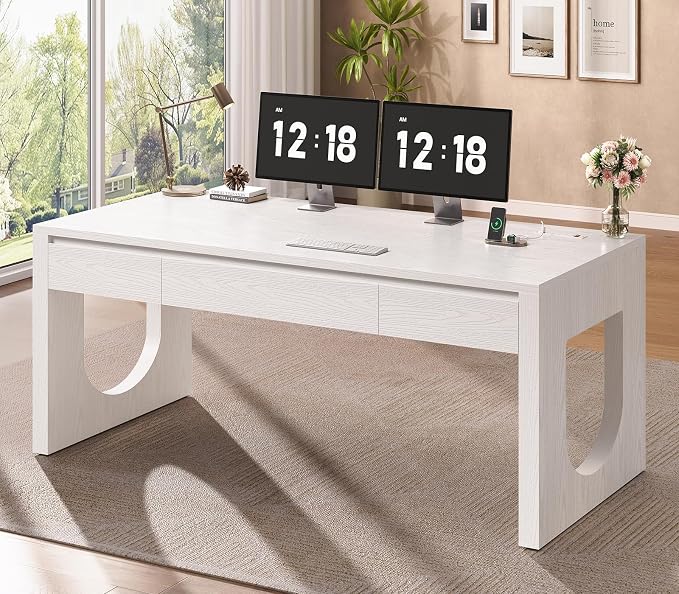 SEDETA 55" Office Desk with 3 Drawers, Modern Executive Desk with U-Shaped Legs, Wood Computer Desk with Power Outlet, Home Office Desks with Relief Texture, White