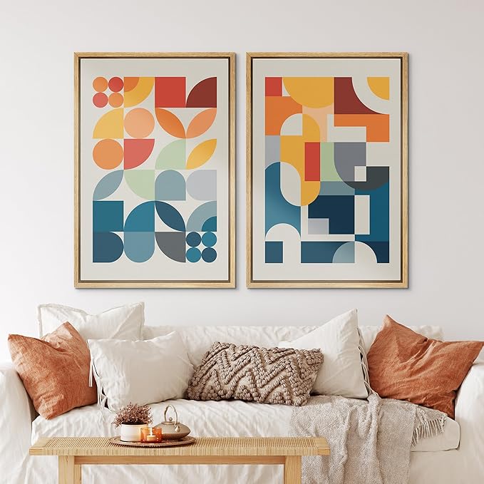 IDEA4WALL Framed Canvas Print Wall Art Set Mid-Century Modern Red & Blue Geometric Color Blocks Abstract Shapes Illustrations Modern Art Decorative Multicolor for Bedroom - 16"x24"x2 Natural