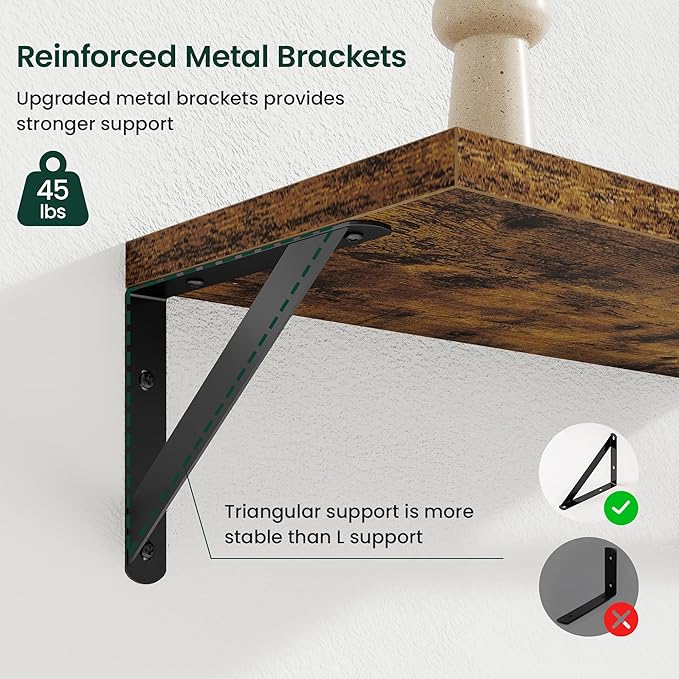 Floating Shelves, 8 Inch Deep Rustic Wood Wall Storage, 24W x 8D Wall Shelves Set of 2, Heavy Duty Metal Brackets, Industrial Book Shelf for Living Room, Kitchen, Bathroom, Bedroom, Brown