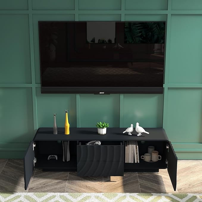LKTART 58'' TV Stand with Storage & 2 Drawers, Modern TV Console with Water Ripple Door Panels Mid-Century Credenza Sideboard Buffet Cabinet for Kitchen & Living Room (Black)