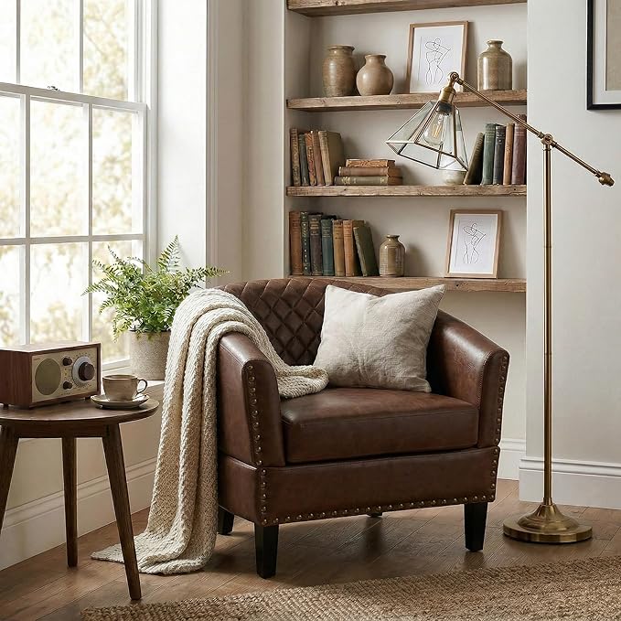 QQU Barrel Accent Chair, Retro PU Leather Club Chair with Nail-Heads, Upholstered Armchair for Living Room, Bedroom, Waiting, Office (Brown)