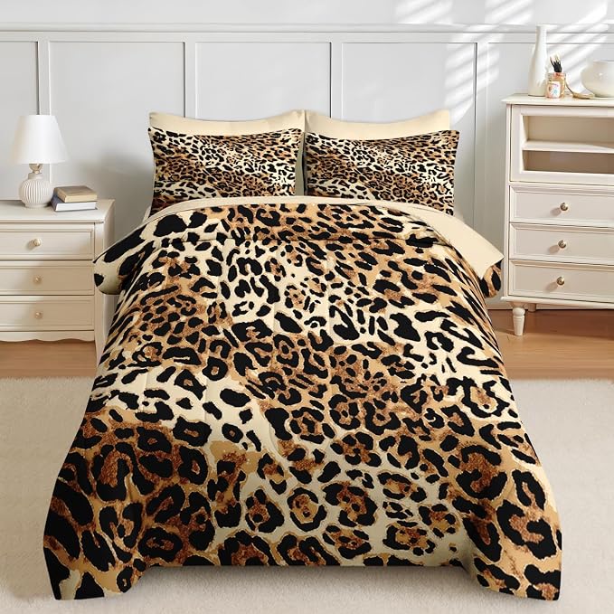 Nesker Comforter Set Queen Size, Leopard Print Wild Cheetah 7 Pcs Bedding for Kids and Adults, Animal Safari Skin Pattern Bed Sheet Sets with Fitted Sheet 2 Pillowcases & 2 Shams