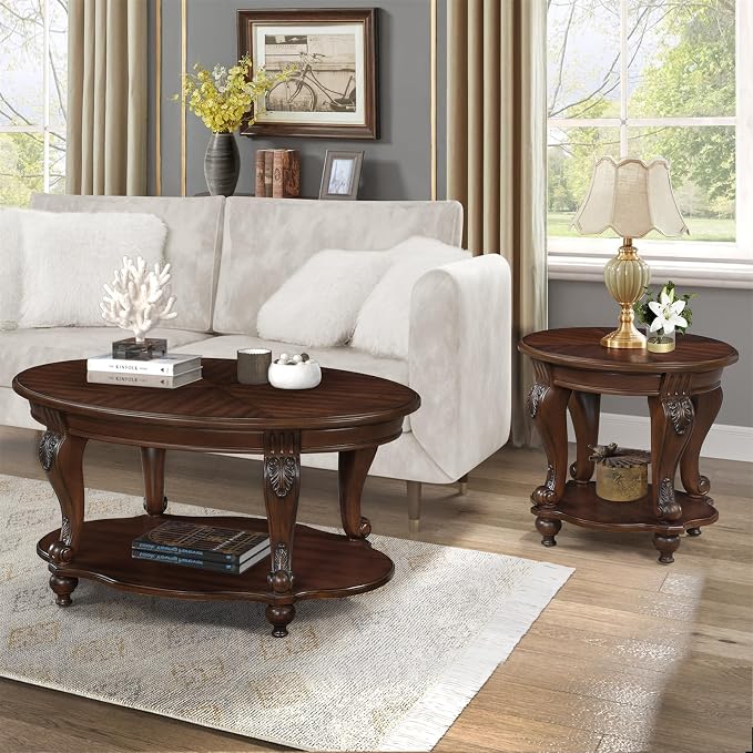 42'' Oval Wood Coffee Table for Living Room, Mid Century Farmhouse Round Coffee Tables for Apartment, Easy Assembly Traditional Coffee Table Centre Table Retro Cocktail Table, Cherry