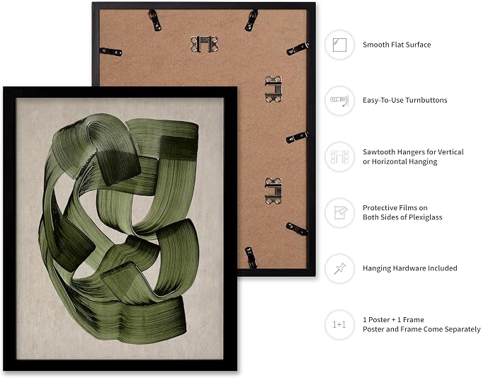 Poster Master Green Abstraction Poster - Brush Strokes Print - Painted Swirl Art - Chic Boho Design - Abstract Illustration - Great Office or Living Room Decor - 8x10 Black Framed