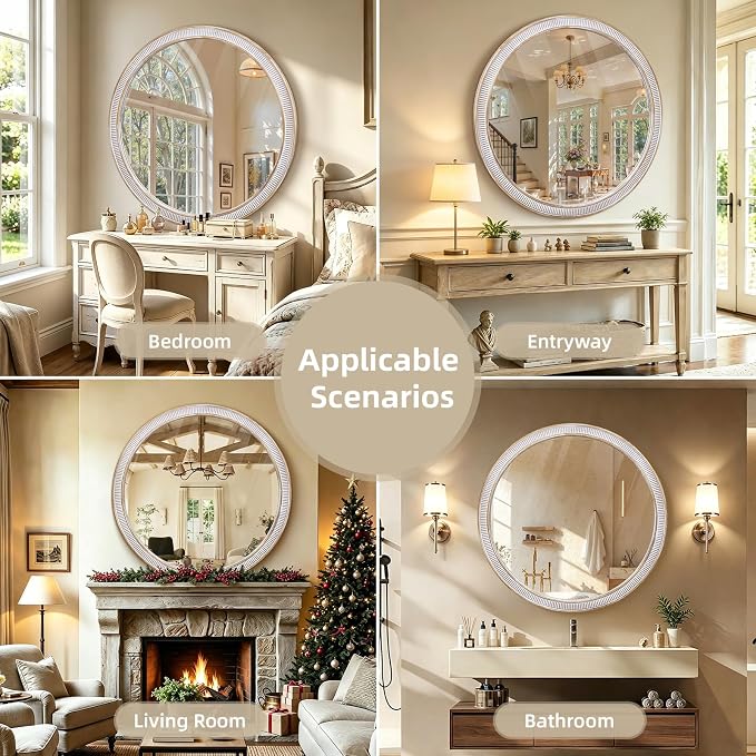 HOITUZYUS 36 Inch Large Round Wood Wall Mirror, Rustic Farmhouse Decorative Circle Mirrors for Bathroom Vanity, Entryway, Living Room, Bedroom, Foyer