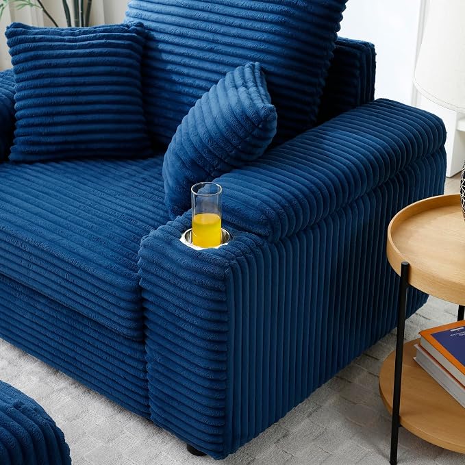 Eafurn 43.3" Oversized Accent Chair with Storage Ottoman Convertible Chaise Lounge, Corduroy Cloud Sofa Chair w/Cupholders, Modern Extra Wide Armchair
