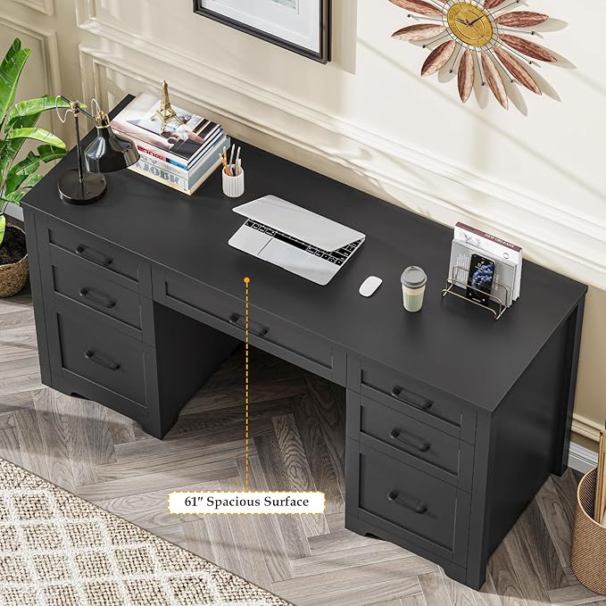 Vabches Farmhouse 61'' Executive Desk with 7 Drawers, Rustic Office Desk Computer Table with File Drawers, Wood Workstation for Home Office and Study,Pure Black