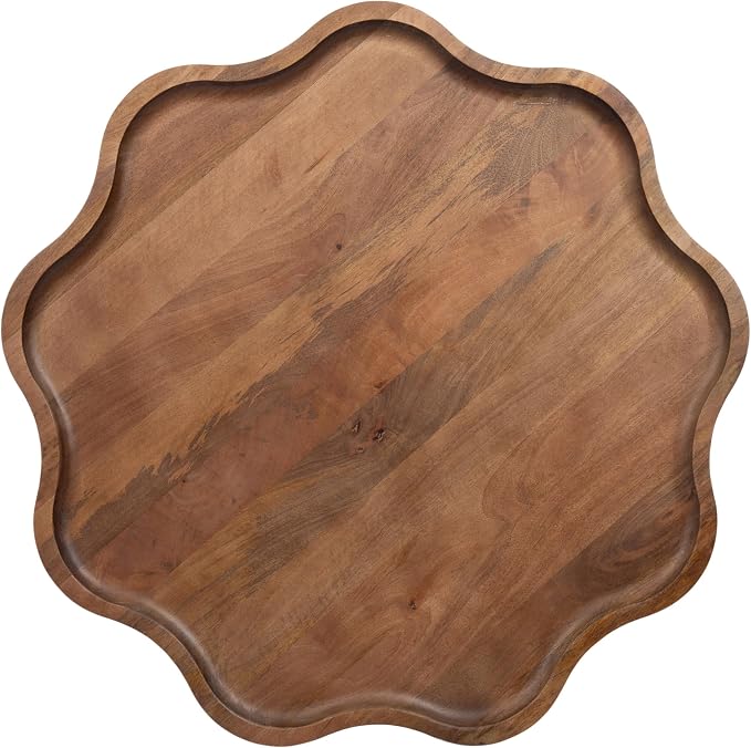 Kate and Laurel Alezar Mid-Century Modern Wavy Round Coffee Table, 30 x 30 x 18, Walnut Brown, Transitional Scalloped Circle Living Room Table with Solid Mango Wood Construction and Tapered Legs