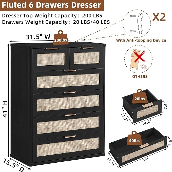 LEYAOYAO Rattan Dresser for Bedroom Set of 2, 42" Tall Chest of Drawers, Modern 6 Drawers Boho Dressers with Storage, Light Oak Dresser Wooden Closet Organizer for Living Room, Hallway, Black