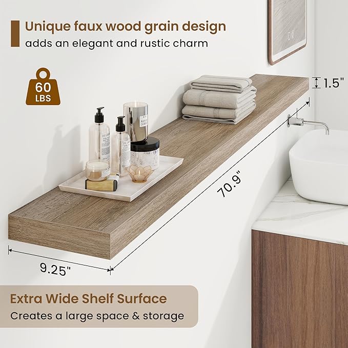 72in Floating Shelves for Wall, 72"W x 9.25"D x 1.5"H, Long Wall Mounted Engineered Wood Shelves with Invisible Brackets for Living Room, Bedroom, Bathroom, Kitchen Decor and Storage, Grey