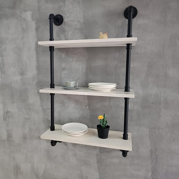 HDDFER White Floating Shelves 24 inch Pipe Wall Shelves Bathroom Shelves Over Toilet with Wood Planks Industrial Pipe Floating Shelves Farmhouse Bathroom Pipe Shelves Wall Mounted