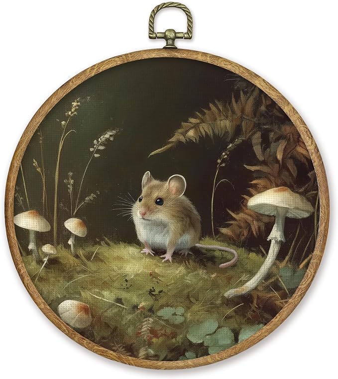 CGBHW Vintage Cottagecore Rat Round Wall Art Decor, Rustic Farmhouse Canvas Prints Framed, Moody Nature Forest Rat Mouse Wall Art Hanging Decor for Home Bedroom Living Room, 10x10 Inch