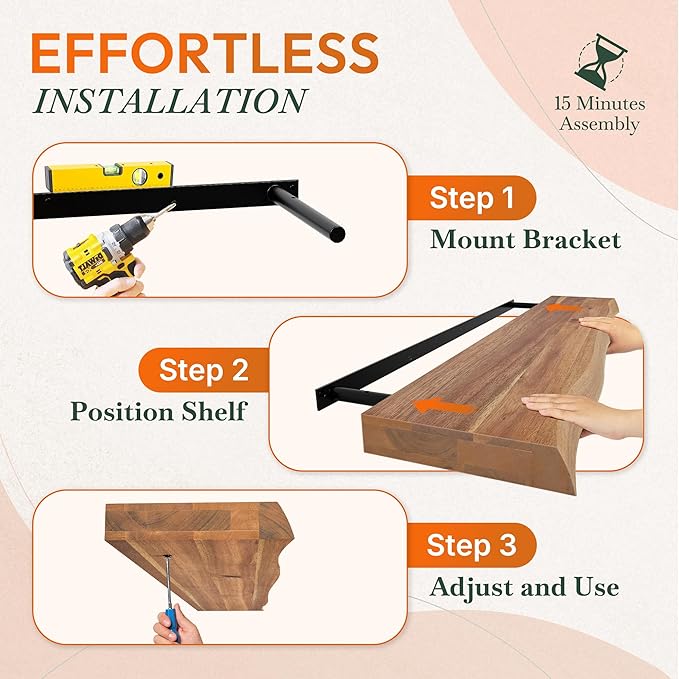 24" Acacia Live Edge Floating Shelves Set of 2 - Wall Mounted Wooden Shelf for Stylish Home Décor - Teak Look Color 24x7.5x1.5 Inches