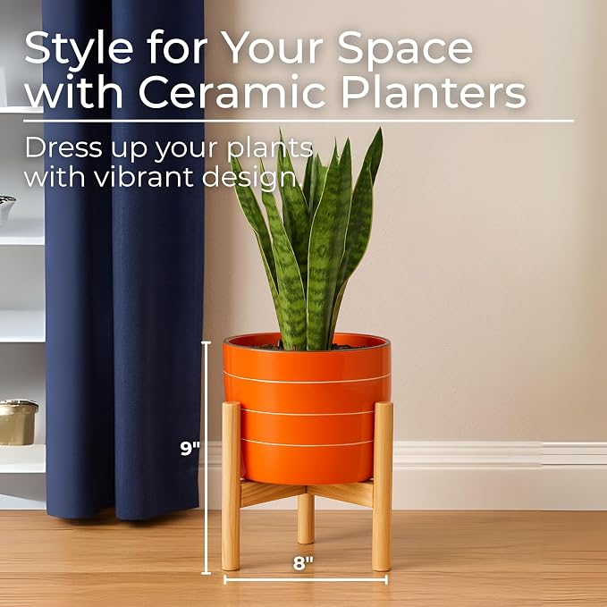 Striped Ceramic Planters with Wooden Stand as Home Decor Flower Pots for Entryway, Patio, Tabletop, and Garden - Colorful Decorative Pots for Indoor and Outdoor Plants - 9", Orange & Tan