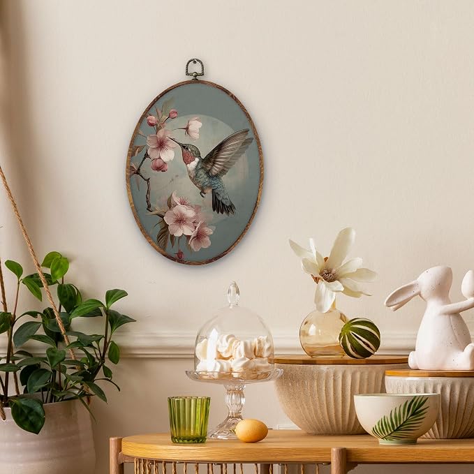DILSJ Vintage Floral Bird Oval Wall Art Decor, Rustic Cottage Core Decor Canvas Wall Art Framed, Antique Hummingbird Bird Lover Gifts Hanging Decorations for Home Bedroom Living Room, 8x11 Inch