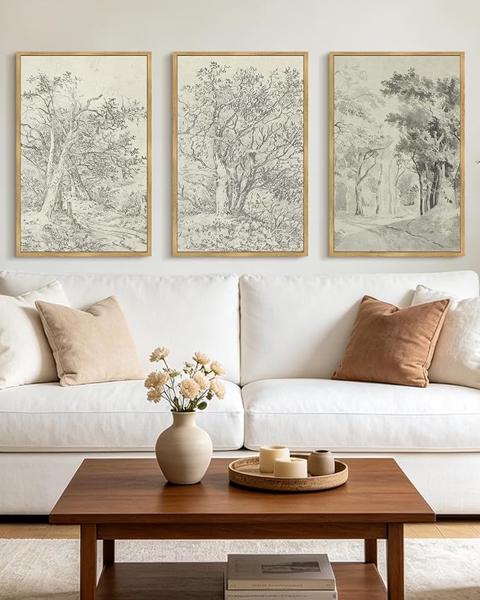 KUVIOKE Vintage Tree Framed Wall Art Retro Antique Forest Drawings Nature Wilderness Sketch Wall Painting Modern Landscape Decor 16x24in (Natural Framed)