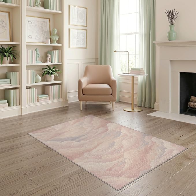 4'x6' Washable Flatwoven Rug, White Aesthetic Swirl Easy Care Throw Carpet for Dorm Room, Small Living Room, Apartment, Stain Resistant Low Profile Floor Covering | Ref:2208256