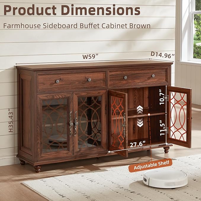 Farmhouse Sideboard Buffet Cabinet Set of 2 with Storage,59" Large Credenza with 4 Glass Door & 2 Drawers,Adjustable Shelves Console Table,Wood Kitchen Coffee Bar for Dining Room,Brown