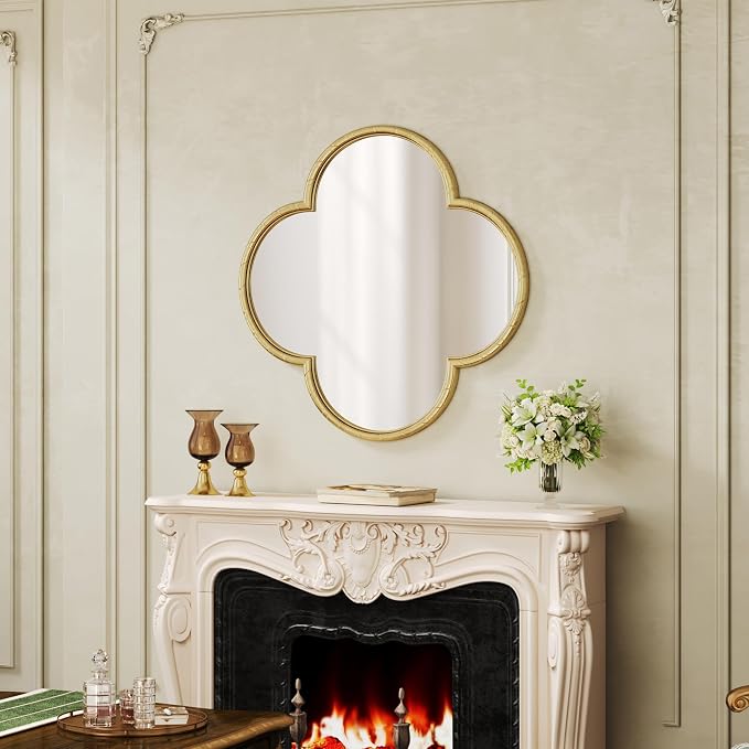 Vintage Wall Mirror Decor - 31.5" Large Antique Gold Four-Leaf Clover Mirror with Rope-Like Frame, Wall Decorative Mirrors for Living Room, Bedroom, Fireplace, Bathroom