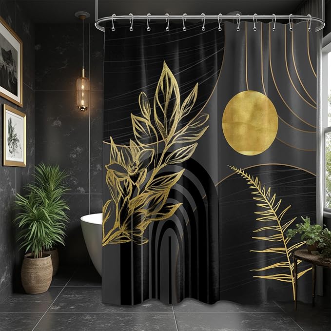 Black and Gold Shower Curtain Boho Mid Century Black and Dark Grey and Gold Shower Curtains for Bathroom Decor, Waterproof Cloth Fabric with Hooks, 70" W x 84" L