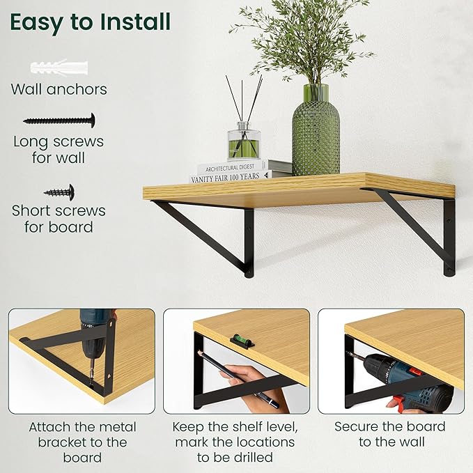 Floating Shelves, 12 Inch Deep Rustic Wood Wall Storage, 36W x 12D Wall Shelves Set of 2, Heavy Duty Metal Brackets, Large Industrial Book Shelf for Living Room, Kitchen, Bedroom, Oak