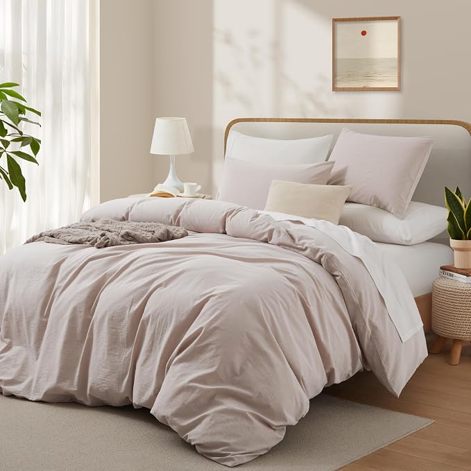 LOVQUE 100% Washed Cotton Duvet Cover Set King Size, Linen Like Natural Bedding Set with Zipper Closure (No Comforter), 104x90 Inches, Light Linen Grey