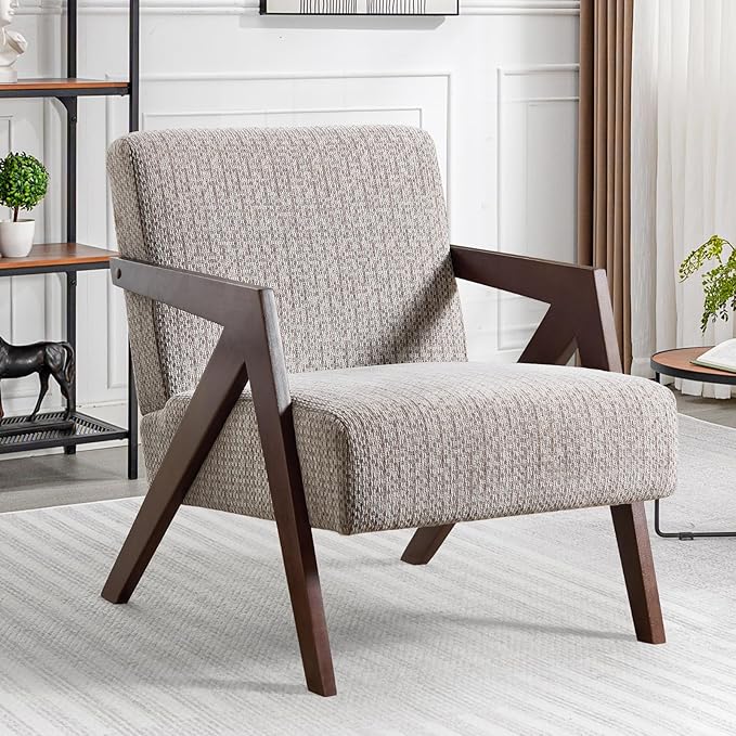 Bonzy Home Mid-Century Modern Accent Chair with Solid Wood Frame, Upholstered Armchair for Bedroom & Living Room,Reading Side Chair with Soft Lien Fabric Cushion,Easy Assembly