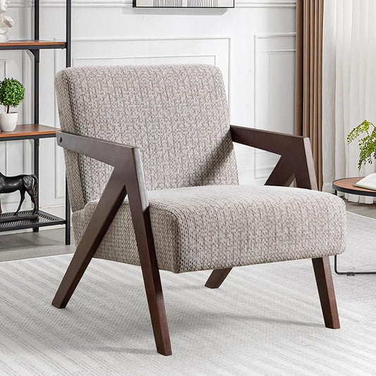 Bonzy Home Mid-Century Modern Accent Chair with Solid Wood Frame, Upholstered Armchair for Bedroom & Living Room,Reading Side Chair with Soft Lien Fabric Cushion,Easy Assembly