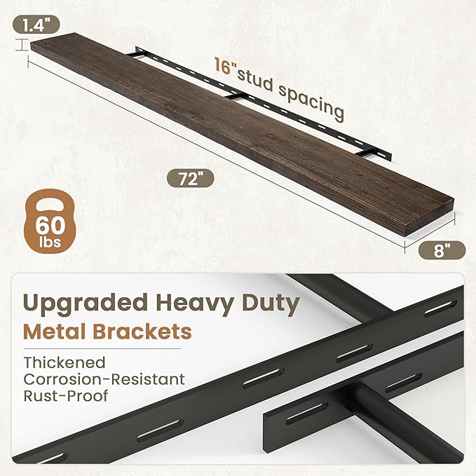 Fun Memories Solid Elm Wood Floating Shelves Set of 1-72 Inch Rustic Wall Shelves with Heavy-Duty Invisible Brackets - for Living Room, Kitchen, Bedroom, Bathroom - Walnut Finish