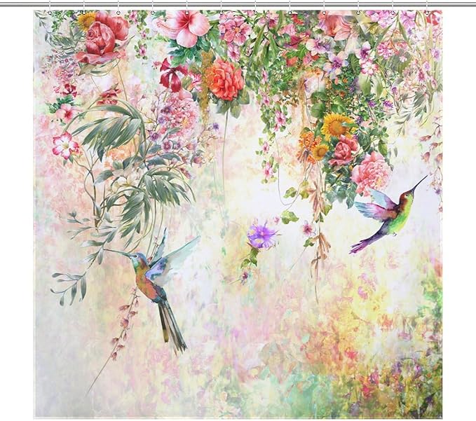 Watercolor Flowers Hummingbird Shower Curtain,Watercolor Floral with Tropical Flower Bird Butterfly Spring And Summer Waterproof Shower Curtains for Bathroom Decor 12 Pack Hooks 72x72in (183x183cm)