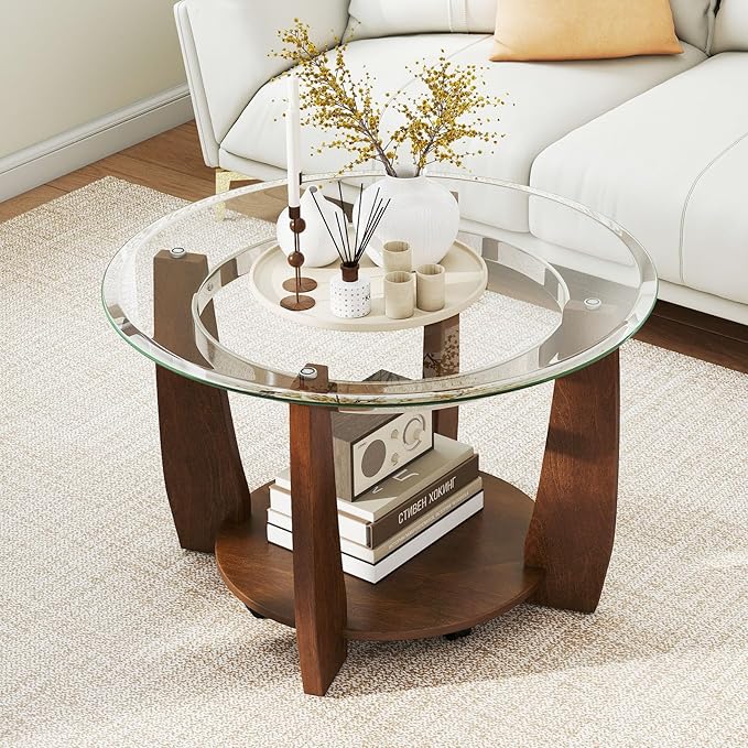 GOFLAME Glass Coffee Table with Storage, 32” Rolling Round Center Table with Tempered Glass Top, Solid Rubber Wood Legs, Wheels, Mid-Century Modern, 2-Tier Circle Tea Tables for Living Room (Walnut)