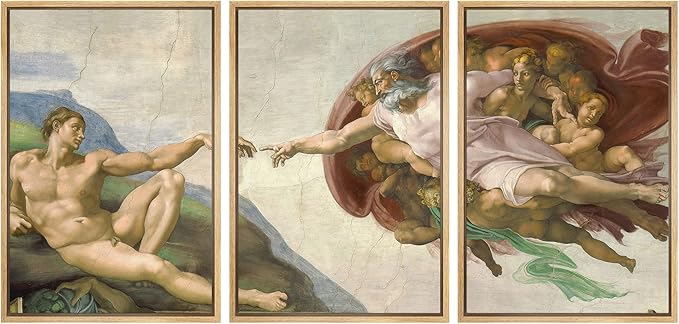 wall26 Framed Canvas Print Wall Art Set Creation of Adam by Michelangelo Cultural Historic Oil Painting Fine Art Reproduction Scenic Colorful for Living Room, Bedroom, Office - 16"x24"x3 Natural