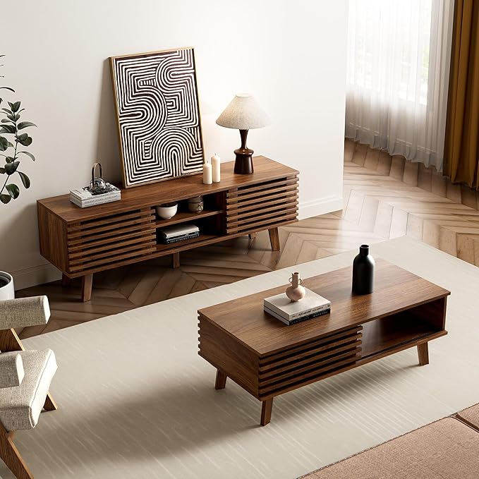 Mid Century Modern Coffee Table, Wood Coffee Table with Storage, Farmhouse Table for Living Room, Apartment, Walnut