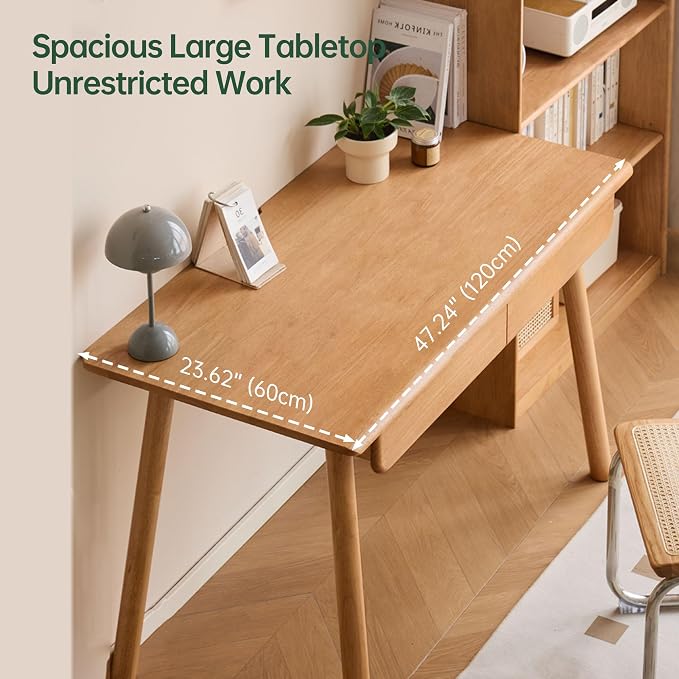 100% Solid Wood Desk, Mid Century Home Office Desk, Modern Computer Desk with Drawer for Writing Study Vanity 31.49" W