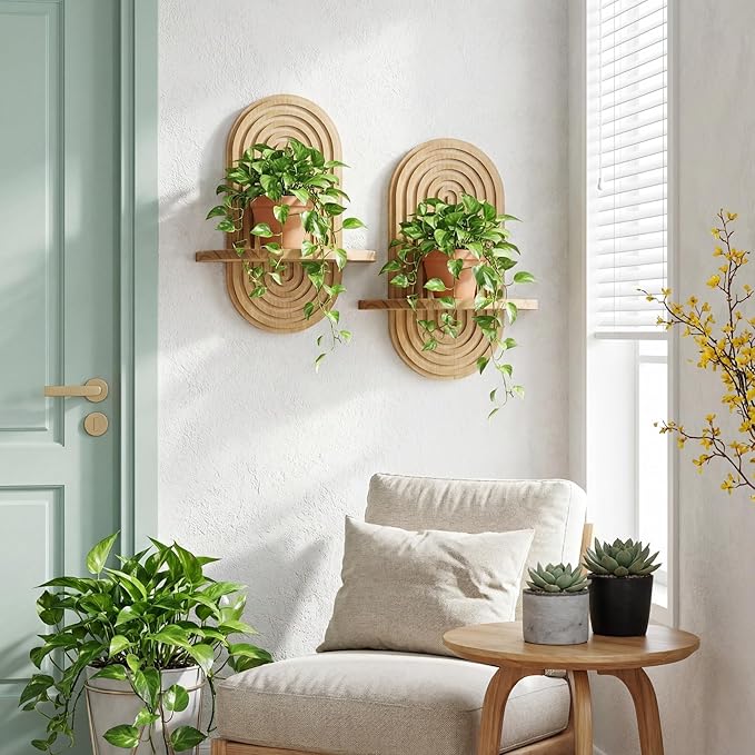 Set of 2 Boho Arched Floating Shelves 15.7”x 7.8”3D Wooden Hanging Shelf for Living Room Bedroom Nursery Mid Century Modern Wall Decor(Brown, 11.7 * 15.7)
