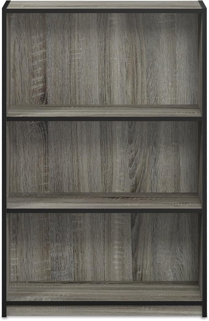 Furinno Jaya Book Shelf, 3-Tier Bookshelf, Standing Bookcase with Adjustable Shelves, 9.5 x 24.5 x 40.3, for Organization and Storage, for Living Room, Bedroom, Home Office, Grey Oak
