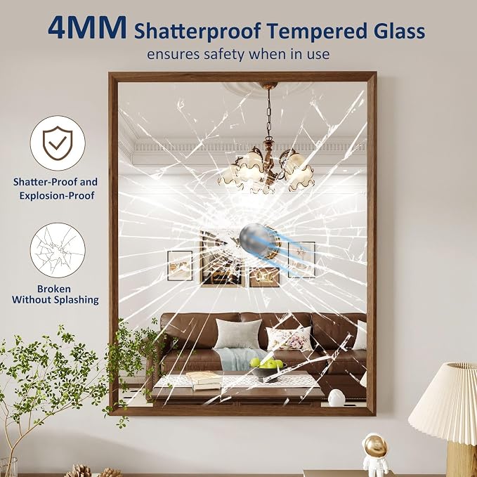 WEER Bathroom Mirror, 28x36 Inch Wall Mirror, Walnut Wood Grain Framed Mirror, Rectangle Vanity Mirror, Tempered Glass, Anti-Rust, Hangs Horizontally or Vertically