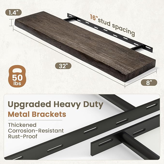 Fun Memories Floating Shelves for Wall Decor Set of 2-32 Inch Solid Elm Wood Live Edge - Rustic Walnut Wall Shelves with Invisible Brackets - for Living Room, Bedroom, Kitchen - Walnut Finish