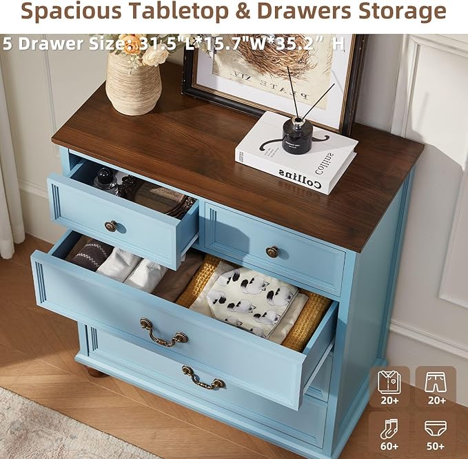 Farmhouse 5 Drawer Dresser Set of 2 for Bedroom, 35" Tall Rustic Chests of Drawers w/ 4 Solid Wood Feet, Mid Century Vintage Wooden Closet Storage Dressers Organizer for Living Room,Light Blue
