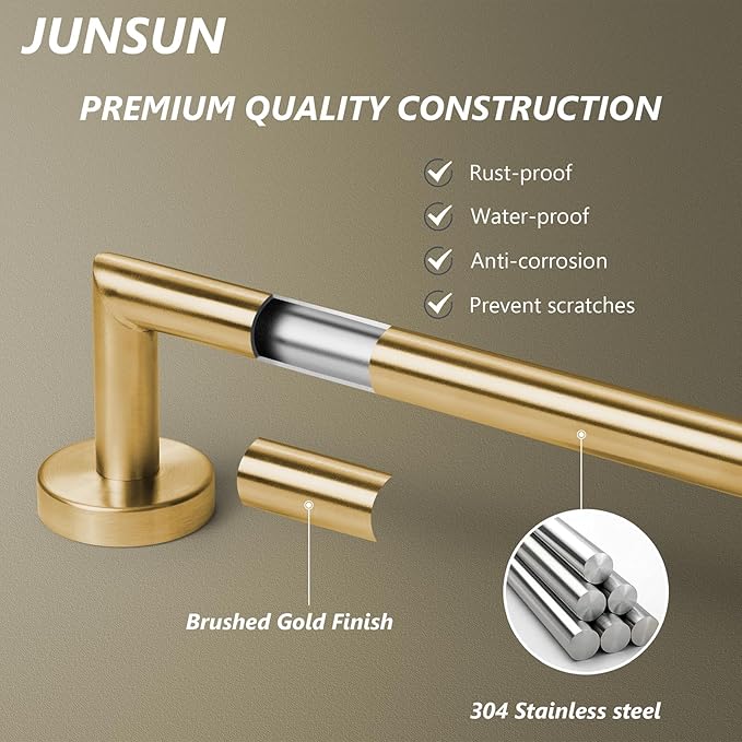 JunSun Towel Bar 30 Inch Bathroom Towel Rack Heavy Duty Bath Towel Holder Modern Towel Rod Brushed Brass Towel Hanger Bathroom Accessories Gold Towel Rail Stainless Steel Single Towel Bar Brushed Gold