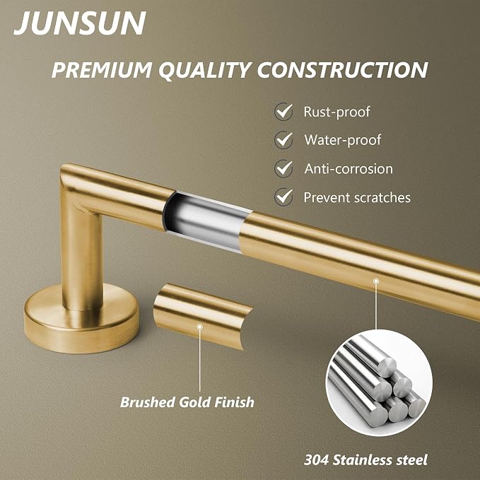 JunSun Bathroom Towel Bar 12 Inch Brushed Gold Towel Racks Wall Mount Bath Hand Towel Holder Modern Home Decor Towel Rod Bathroom Hardware Stainless Steel Towel Hanger Gold Towel Rail Single Towel Bar