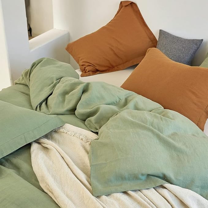 Simple&Opulence 100% Linen Duvet Cover Set 3pcs Natural French Basic Style Washed Flax Solid Color Breathable Soft Farmhouse Bedding with Button Closure (Sage Green, Full)