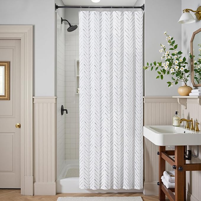 jinchan Small Stall Blue and White Shower Curtain 36x72 Inches Inky Herringbone Chevron Zig Zag Waterproof Fabric Modern Farmhouse Shower Curtains for Bathroom with 7 Hooks