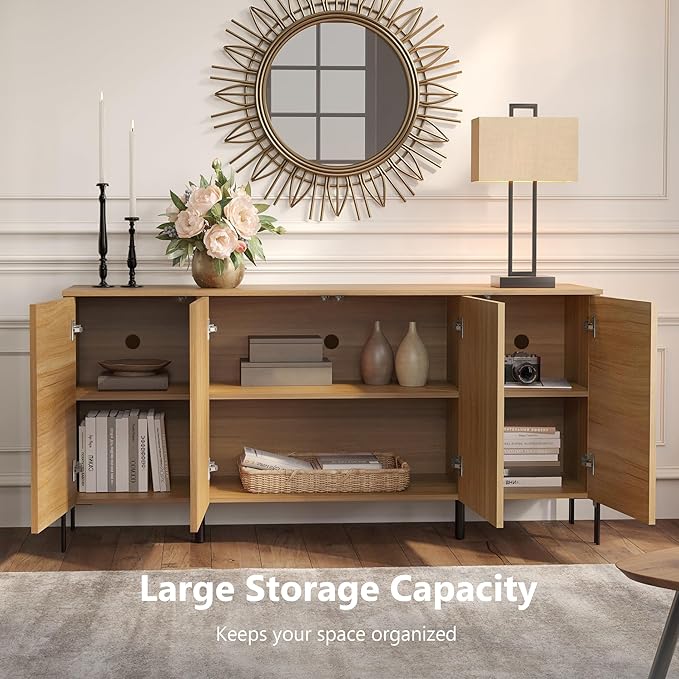 WAMPAT Fluted Buffet Cabinet with Storage, 61.5" Large Sideboard Cabinet with Storages, Modern Buffet Table Coffee Bar Wine Bar Storage Organizer with 4 Doors for Kitchen, Dining Room, Hallway, Oak