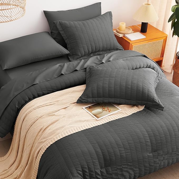 CozyLux Oversized King Comforter Set with Sheets, 7 Pieces 120"x98" Dark Grey Seersucker Bed in a Bag, Dark Gray Bedding Sets with Down Alternative Comforter, Sheets, Pillowcases & Shams, Home Gift